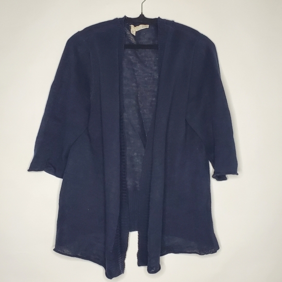 Eileen Fisher LINEN Open Front Cardigan Size L Navy 3/4 Sleeve Sweater Casual - Picture 2 of 10